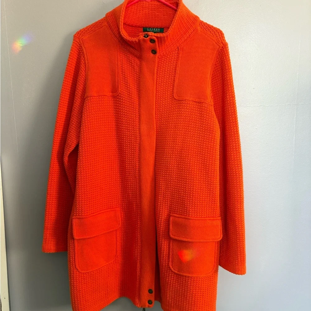 Lauren Ralph Lauren Womens Knit Sweater Coat Orange size 1X Full Zip‎ Button